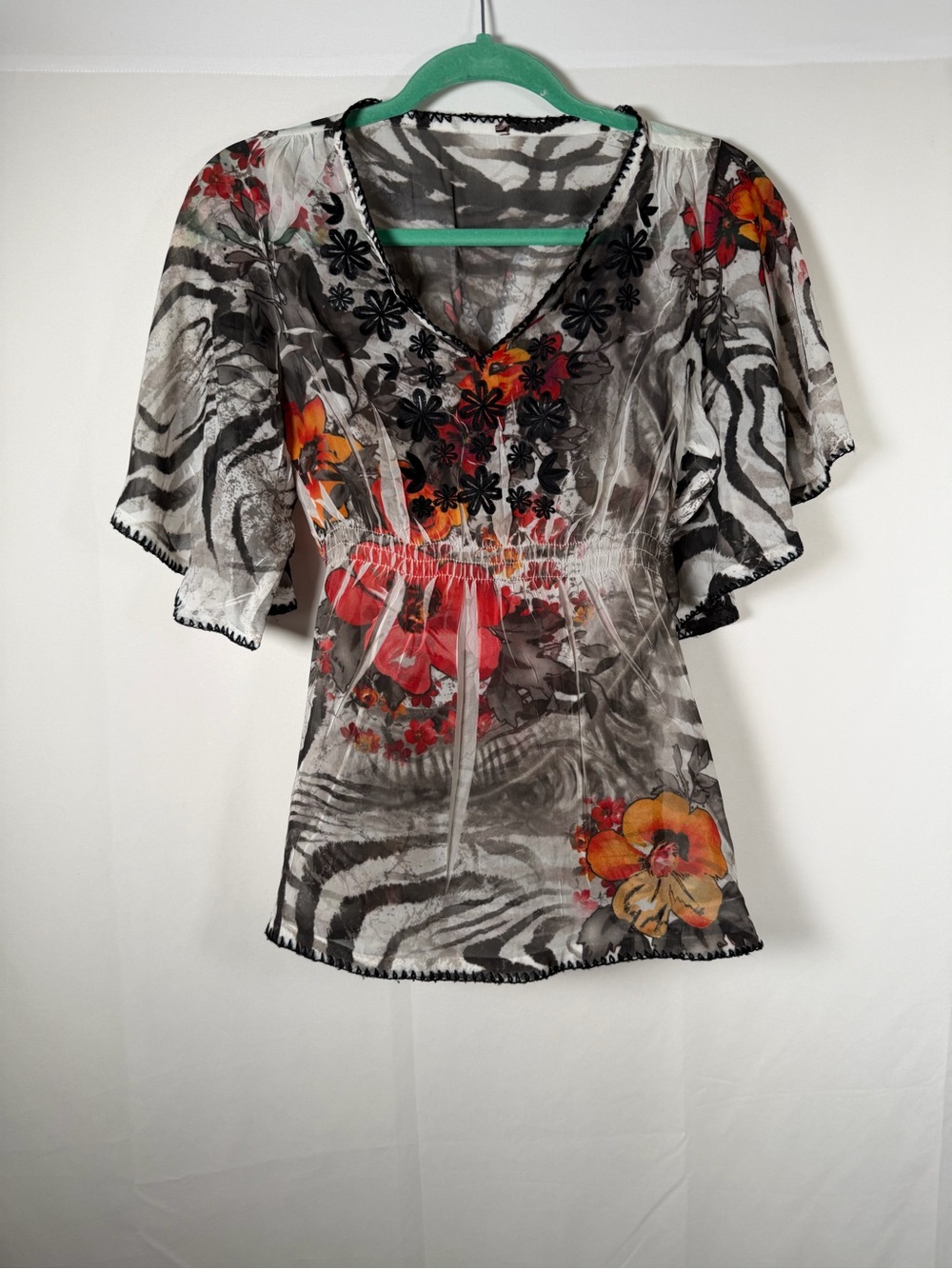 Fairygrunge Sheer Floral Zebra Print V-Neck Blouse - Black & Orange‎